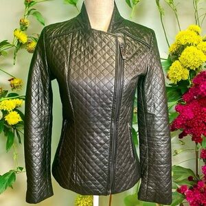 Anne Klein Black 100% Genuine Leather Quilted Moto Jacket Size XS